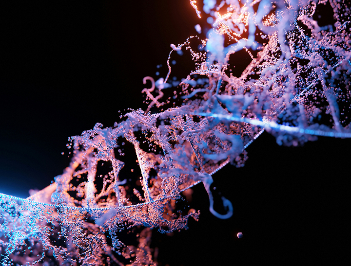 Abstrakte 3D-Visualisierung einer DNA-Doppelhelix und Zellstrukturen in leuchtendem Blau und Violett.